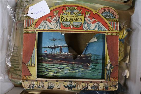 A collection of Victorian and later childrens toys, including The Crown Illuminated Panorama,